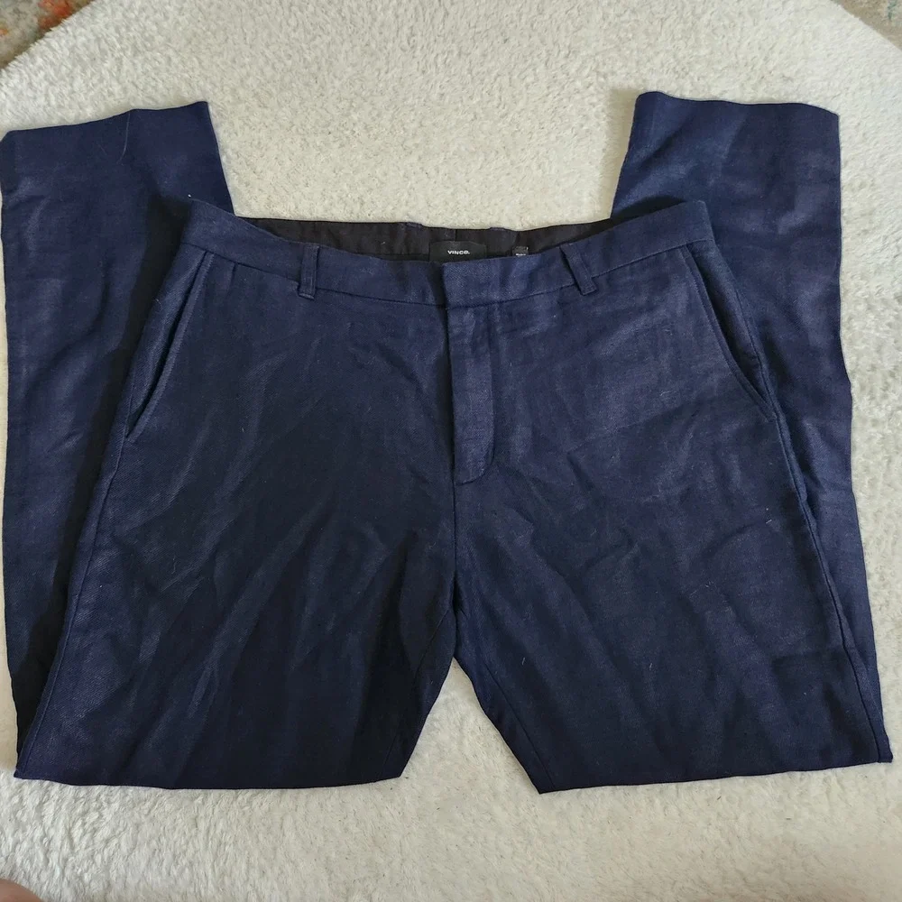 Vince Griffith Slim Fit Linen Cotton Blend Trousers Navy Blue Mens 36 Dress Pant